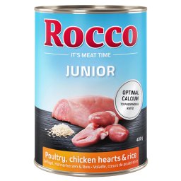 6x400g Aves com coração de frango e arroz Junior Rocco comida húmida cães