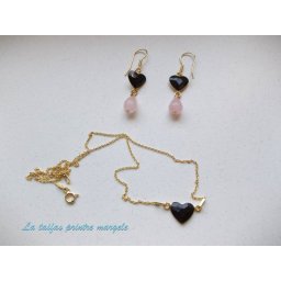 Set cercei şi lănţişor din argint aurit cu Cristale Swarovski inimă neagră Jet