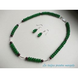 Set colier şi cercei din jad verde faţetat şi granat cu accesorii din argint