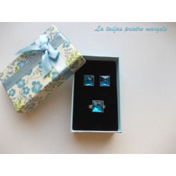 Set cercei şi inel reglabil argint cu Cristale Swarovski pătrate Bermuda Blue