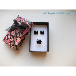 Set cercei şi inel din argint cu Cristale Swarovski Jet pătrat