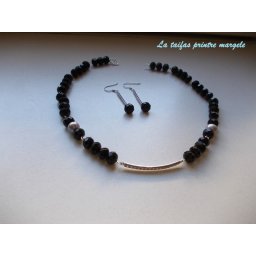 Set colier şi cercei din argint cu onix faţetat, cristale zirconia şi perle gri