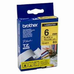Bandă laminată Brother TZ611, 8m/6mm negru/galben