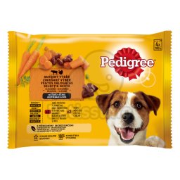 Pedigree hrană la plic cu carne de vită și iepure, carne de curcan și morcovi în sos 4 x 100 g