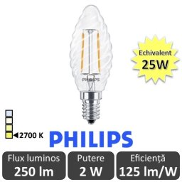 Bec LED Philips - Classic Filament LED 2W ST35 E14 827 alb-cald