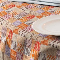 Fata de masa impermeabila Casa de bumbac, Ethnic, 100x140 cm, Model geometric, maro si crem
