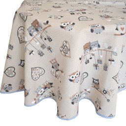 Fata de masa anti-pete Casa de bumbac, Gufo, diametru 140 cm, Model bufnite, maro