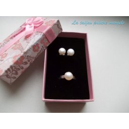 Set cercei şi inel din argint cu perle naturale de cultură albe 8 mm