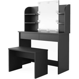 SEN221 - Set Masa neagra toaleta, 108 cm, cosmetica machiaj oglinda masuta vanity, oglinda cu sau fara LED, cu sau fara scaun