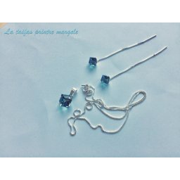 Set cercei lungi tip lănţişor şi pandantiv din argint cu cuburi Swarovski Aquamarine