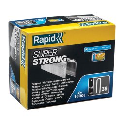 Set 5 cutii capse Rapid 36 12 Super Strong pentru cabluri joasa tensiune pana la 50 V, galvanizate, divergente DP, 5000 bucati 5000511