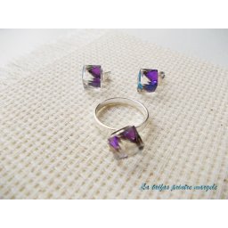 Set cercei cu şurub şi inel din argint cu Cristale Swarovski Cub Heliotrop