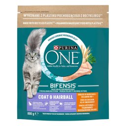 Purina ONE Bifensis Coat & Hairball Bogat în Pui și Cereale Integrale, hrană uscată pentru pisici 800 g