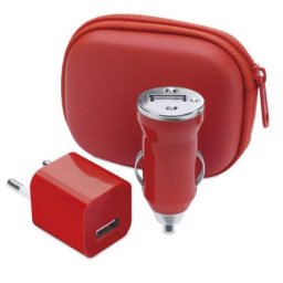 Charging Set, include: geanta, incarcator USB si incarcator USB pentru masina, 1000 mA - Rosu