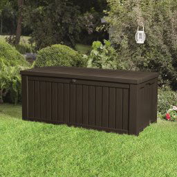 Lada depozitare cu capac, de exterior, pentru unelte si jucarii, material polipropilena, culoare maro, Keter Rockwood, dimensiuni 155x72.4x64.4 cm, sistem inchidere, manere, capacitate 570 L