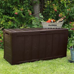 Lada depozitare exterior pentru unelte si perne, pentru gradina, cu capac, material plastic, maro, Keter Sherwood, 270L, manere, rezistenta UV