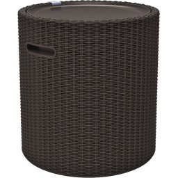 Cos depozitare plastic gradina Keter, colectia Cool Stool, maro, utilizare masuta sau scaun, pentru balcon sau terasa, forma rotunda, rezistent UV
