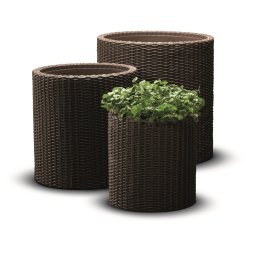 Set 3 ghivece, balcon si gradina, Keter Cylinder, imitatie ratan, maro, pentru interior si exterior, pereti dubli cu orificiu scurgere, dimensiuni S M L