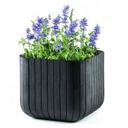 Ghiveci mare exterior, Keter Cube L, antracit, polipropilena, pentru balcon, gradina, interior, imitatie lemn, patrat, cu dop drenaj, fara farfurie, 50L