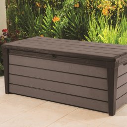Cutie pentru gradina, de exterior, pentru depozitare unelte si jucarii, cu capac, material plastic, culoare maro, Keter Brushwood, 455 L, manere, sistem inchidere, rezistenta UV
