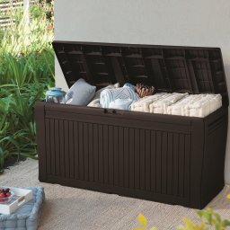 Cutie pentru depozitare gradina, pentru unelte si jucarii, capac, material plastic rezistent UV, maro, Keter Comfy, 270L, manere, imitatie lemn