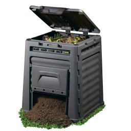 Compostor gradina Keter Eco, 320 L, din polipropilena, pentru fertilizarea plantelor si pomilor, culoare negru, capac cu inchidere etansa, dimensiuni 65x65x75 cm, rezistent la UV