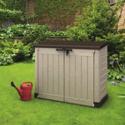 Dulap depozitare exterior gradina, plastic, accesorii si tomberoane, 1200L, Keter Store It Out Max, 145x82x125 cm, capac cu pistoane, podea inclusa