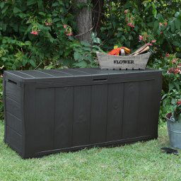 Lada depozitare ratan, de exterior, pentru gradina, pentru unelte, cu capac, material rezistent UV, culoare antracit, manere, Keter Sherwood, 270L