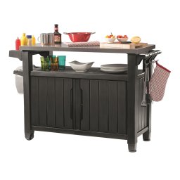 Dulap terasa exterior, plastic, depozitare unelte si accesorii, graphite, 2 usi, Keter Unity XL, 134 x 52 x 90 cm, blat otel inoxidabil, roti transport, rezistent la apa, capacitate 207 L