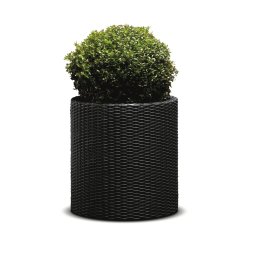 Ghiveci exterior imitatie ratan negru, polipropilena, Keter Cylinder, gradina, terasa, balcon, interior, perete dublu, orificiu scurgere cu dop, 39L, 43.7x43.7x44.3 cm