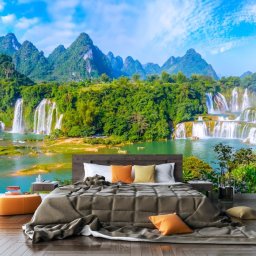 Fototapet 3D Cascade Printre Munti Tropicali WTF82 (Alege materialul: : Autocolant Perete Laminat Mat, MP: 1 mp)