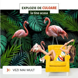 Fototapet 3D Flamingo Printre Frunze Exotice PFT6 (Alege materialul: : Autocolant Perete Laminat Lucios, MP: 1 mp)