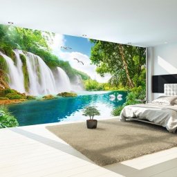 Fototapet 3D Cascada In Peisaj De Vis Cu Lebede OPO101 (Alege materialul: : Autocolant Perete Laminat Mat, MP: 1 mp)