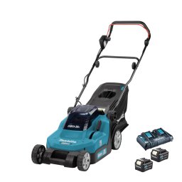 Masina de tuns gazonul Makita DLM432PT2 cu acumulator 18V 2 x 5 Ah, latime de taiere 43 cm, cos colector 50 litri