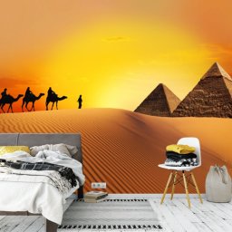 Fototapet Camile in Desert spre Piramide APS71 (Alege materialul: : Autocolant Perete Laminat Lucios, MP: 1 mp)