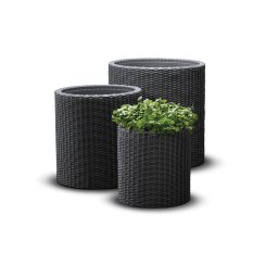 Set 3 ghivece de exterior, polipropilena, Keter, pentru terasa, interior, forma cilindrica, culoare antracit, cu perete dublu, cu dop de drenaj, dimensiuni: S, M, L