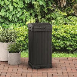 Cos de gunoi negru, de gradina sau terasa, Keter, colectia Baltimore, material plastic, pentru deseuri din gospodarie, forma patrata, capac dublu inovator si tava speciala, 125 L