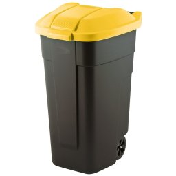 Tomberon gunoi negru, pentru exteriorul casei sau curte, Keter, colectia Refuse, material plastic, patrat, capac galben cu maner central, roti rezistente, 110 L, rezistent la UV