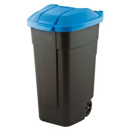 Pubela gunoi de gradina, neagra, Keter, colectia Refuse, material plastic, pentru curte, forma patrata, capac albastru cu maner central, roti rezistente, 110 L, rezistenta la intemperii