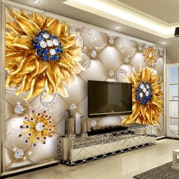 Fototapet 3D Flori cu Petale Aurii si Cristale PFT34 (Alege materialul: : Autocolant Perete Laminat Mat, MP: 1 mp)
