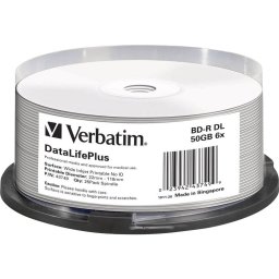 BD-R VERBATIM 50GB, viteza 6x, Double Layer, spindle, printabil, "Wide Inkjet Printable", 25 buc/set