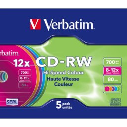CD-RW VERBATIM 700 MB, 80 min, viteza 8-12x, carcasa, "Colour 12x", 5 buc/set