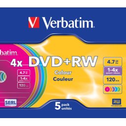 DVD+RW VERBATIM 4.7 GB, 120 min, viteza 1-4x, Single Layer, carcasa, "Colours", 5 buc/set