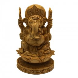 Zeul Ganesha pe Floarea de Lotus - Statueta din Lemn - 22 x 14 x 11 cm