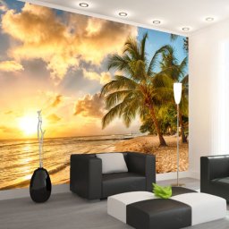 Fototapet 3D Apus Printre Palmieri la Mare PMO97 (Alege materialul: : Tapet Hartie Semilucios + Adeziv, MP: 1 mp)