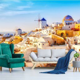 Fototapet Cladiri Albe cu Mori de Vant Santorini-Grecia GRC101 (Alege materialul: : Tapet Hartie Semilucios + Adeziv, MP: 1 mp)