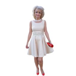 Rochie scurta de nunta, croi evazat, fara maneca, nuanta bej (Marime: 38, Culoare: BEJ)