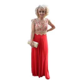 Rochie lunga de seara nuanta rosie cu aplicatii de dantela aurie (Marime: 42, Culoare: ROSU-AURIU)