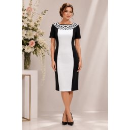 Rochie deosebita de vara, design cu aspect brodat, negru-alb (Marime: 42, Culoare: NEGRU-ALB)