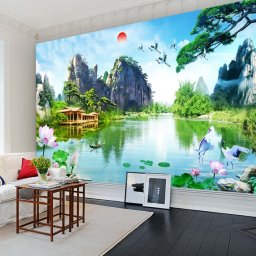 Fototapet 3D Cascada in Peisaj De Vis OPO5311 (Alege materialul: : Tapet Hartie Semilucios + Adeziv, MP: 1 mp)
